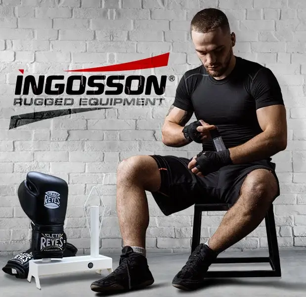 Banner-mobile-view boxer wrapping his hand in front of the Ingosson brand logo