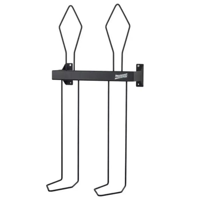 black wall rack for shinguards and boxing gloves